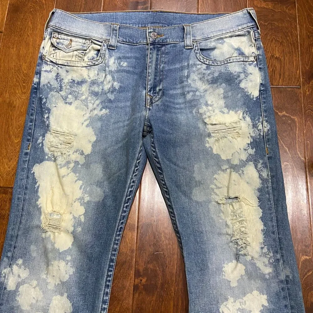 True Religion Straight Leg Bleached Distressed Denim Blue Jeans Men's Size 40